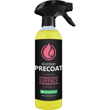 Ecoclean Precoat, ist ein auf Nanotechnologie basierender Intensivreiniger, der Ölpartikel auflöst und Poliermittelrückstände entfernt, um die Lackierung für die IGL Coatings ecocoat Serie vorzubereiten. Die Bindungen von Wachsen, Ölen und Polituren werden durch precoat geschwächt und lassen sich leicht von der Oberfläche abwischen. Schafft die Möglichkeit, das perfekte Ecocoat-Finish zu erhalten